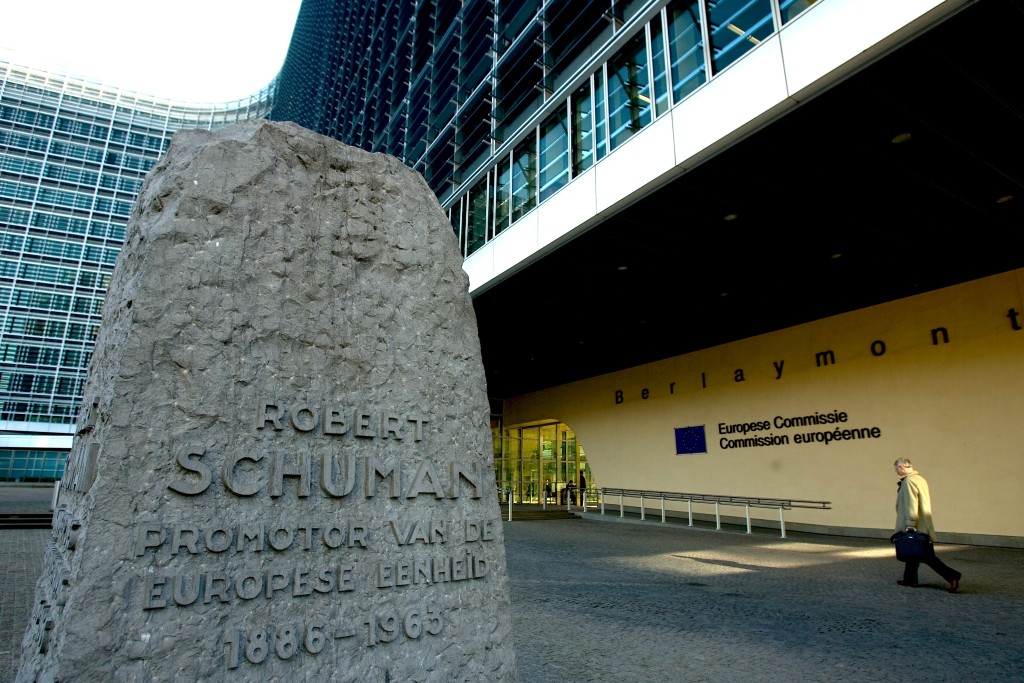 Views of the EU Commission headquarters, Berlaymont, with monument dedicated to Robert Schuman.