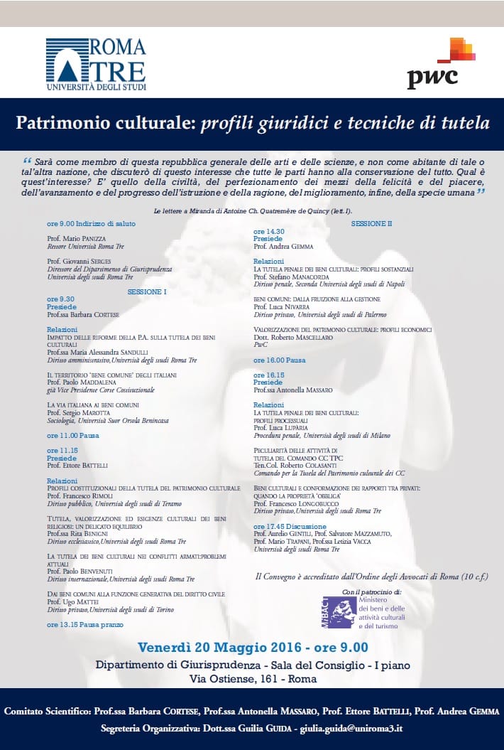 Patrimonio culturale: profili giuridici e tecniche di tutela (Roma, 20 maggio 2016) locandina evento