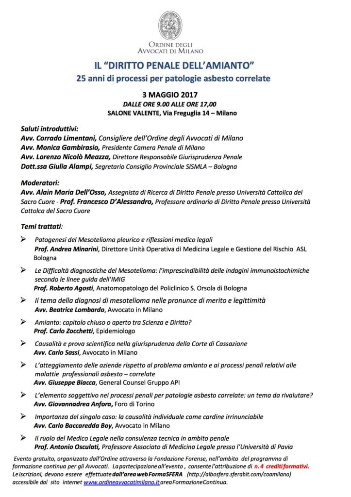 Il “diritto penale dell'amianto": 25 anni di processi per patologie asbesto correlate (Milano, 3 maggio 2017)