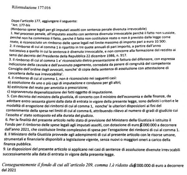 Rimborso delle spese legali nel caso di assoluzione il testo dell